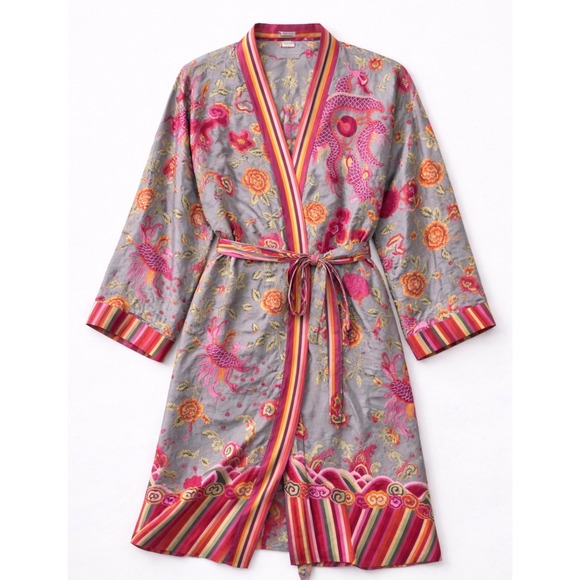Victoria's Secret Satin Dragon Floral Kimono Robe Women's Gray Pink Boho - Picture 2 of 6